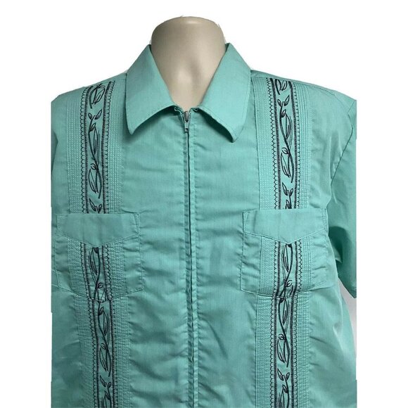 Haband Guayabera Blue Green Zip Front Shirt 2XL Cuban Cigar Sopranos Pockets - Picture 2 of 5
